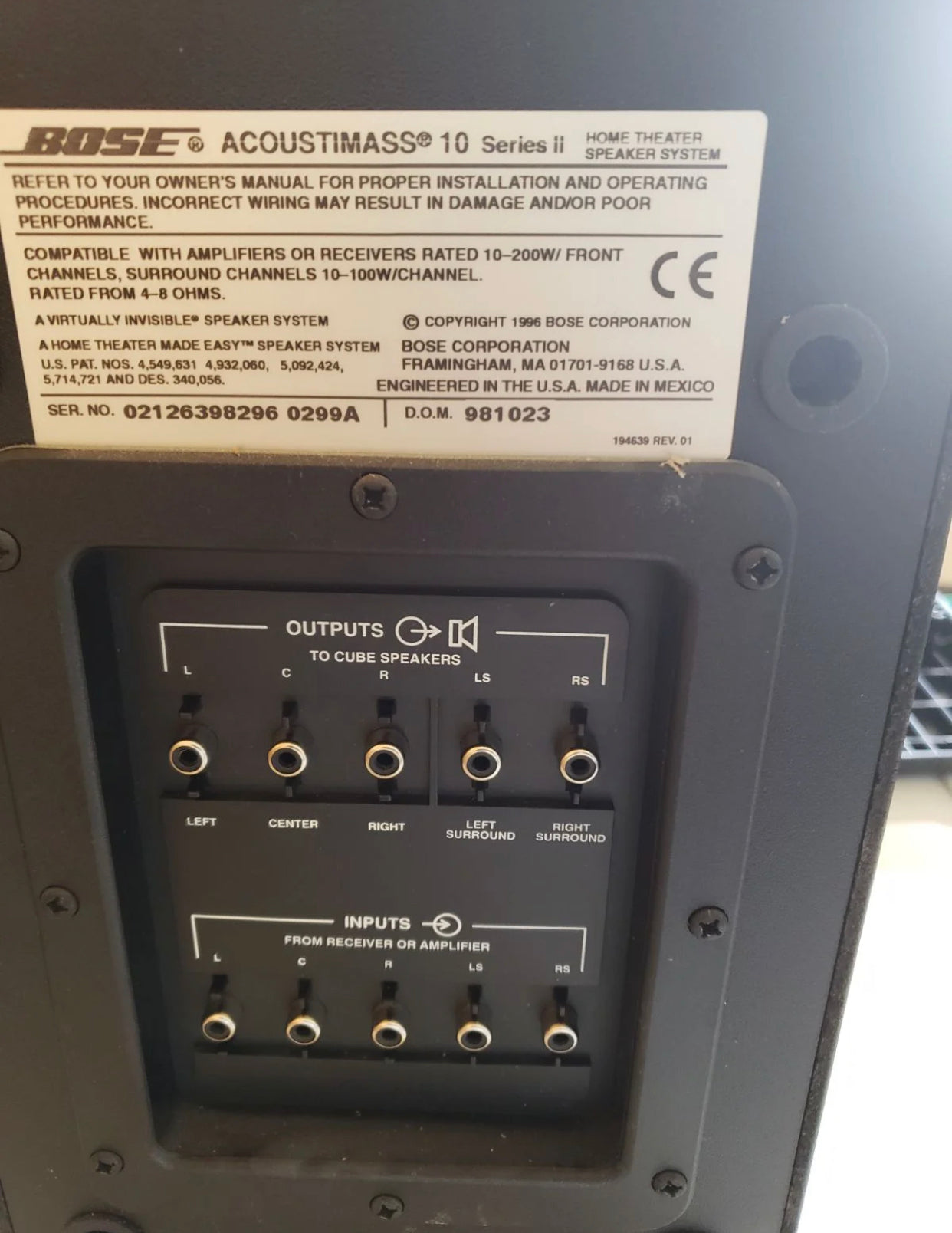 Bose Acoustimass 10 Series II Subwoofer  with OEM 15'  speaker input cable