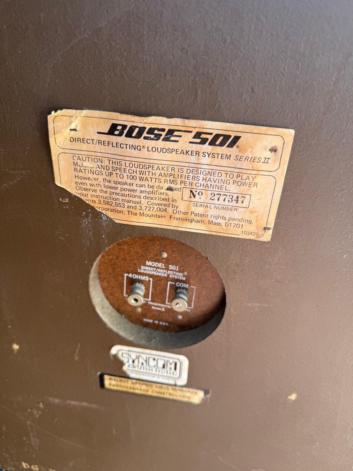 Bose 501 Series II model label and speaker terminals