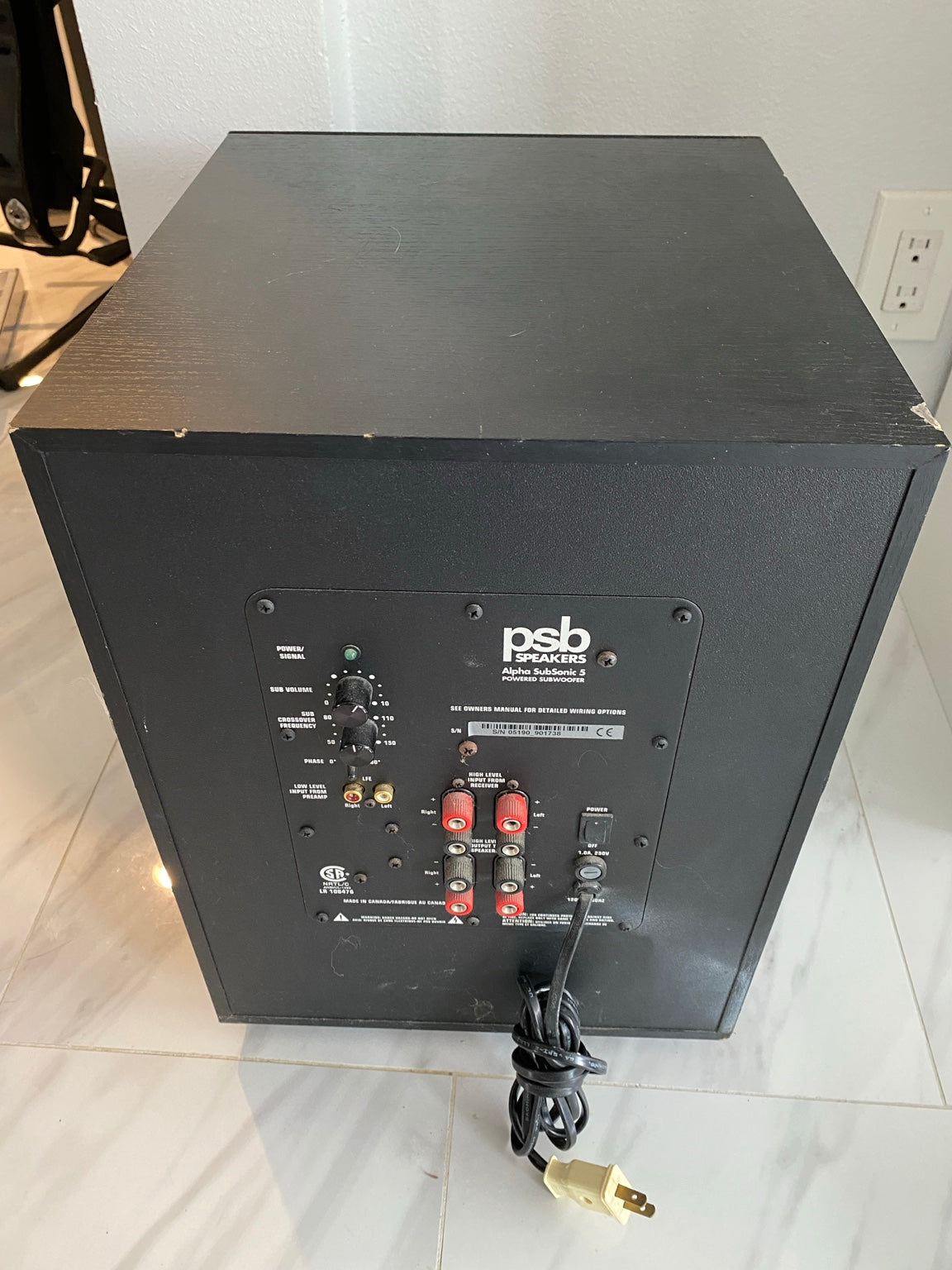 PSB Alpha SubSonic 5 powered subwoofer rear amplifier controls and power cord, actual item