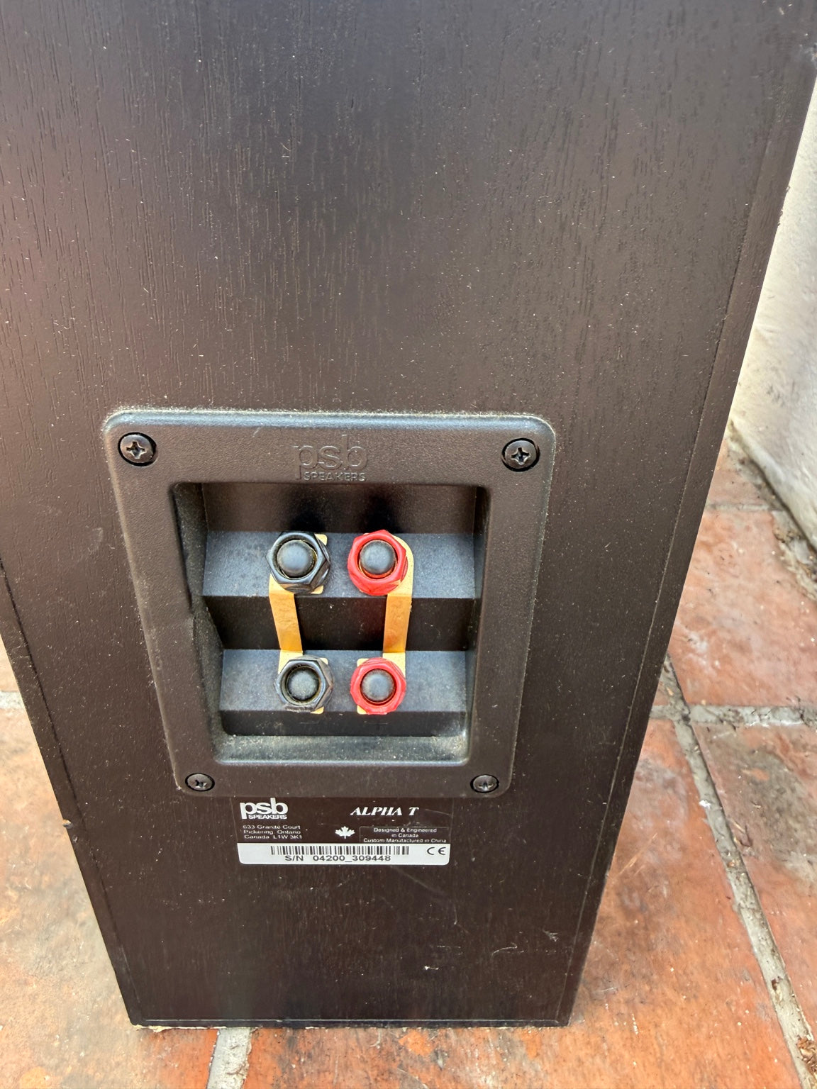 PSB Alpha T floorstanding speaker rear terminals and model label